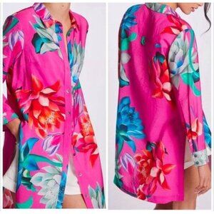 Maeve Anthropolgie Tunic Button-Down Floral Shirt Pink Womens Size S
